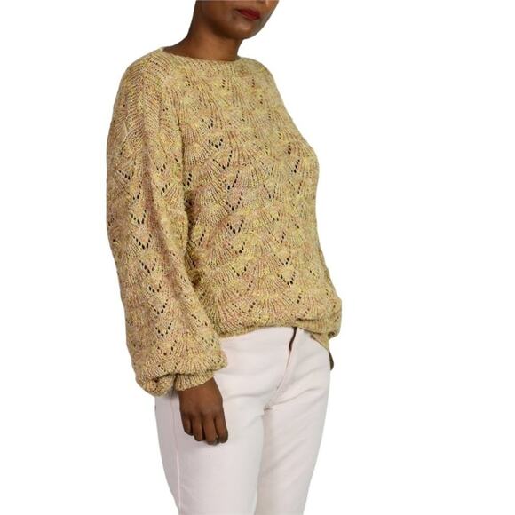 Vintage Boat Neck Sweater Balloon Sleeve Slouchy Open Knit Neutral Size Small - Picture 2 of 12